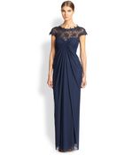Tadashi Shoji Illusion-Neckline Draped Gown - Lyst