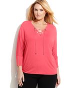 Calvin Klein Plus Size Three-Quarter-Sleeve Lace-Up Top - Lyst