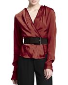Donna Karan New York Long-Sleeve Satin Surplice Blouse - Lyst