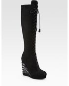 Saint Laurent Suede Lace-up Knee-high Wedge Boots - Lyst
