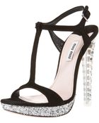 Miu Miu Suede T-strap Sandal - Lyst