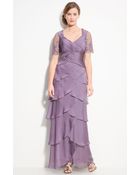 Adrianna Papell Lace Sleeve Tiered Chiffon Gown - Lyst