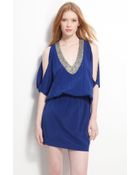 Nicole Miller Jeweled V-neck Silk Dress - Lyst