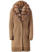 Ermanno Scervino Camel Knitted Coat with Fur Collar - Lyst