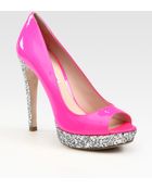 Miu Miu Glitter Patent Leather Peep Toe Platform Pumps - Lyst