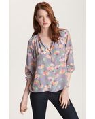 Tucker Smock Neck Print Silk Blouse - Lyst