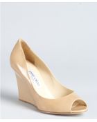 Jimmy Choo Nude Patent Leather Baxen Peep Toe Wedges - Lyst