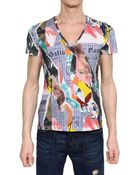 John Galliano Gazette Print Jersey V Neck T-shirt - Lyst