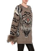 Philipp Plein Fox Fur Tiger Jacquard Wool Knit Coat - Lyst