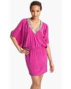 Nicole Miller Jeweled Vneck Silk Dress - Lyst