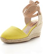 Schutz Suede Anklewrap Espadrille Wedge Yellow - Lyst