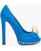 Alexander McQueen Blue Suede Skull Pumps - Lyst