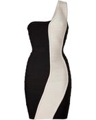 Hervé Léger Black/Cream One Shoulder Bandage Dress - Lyst
