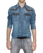 Balmain Studded Washed Cotton Denim Shirt - Lyst