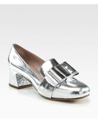 Miu Miu Metallic Leather Bow Glitter Heel Loafer Pumps - Lyst