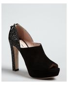 Miu Miu Black Suede Peep Toe Glitter Heel Platform Pumps - Lyst