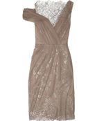 Lela Rose Wrap Effect Silk Chiffon and Lace Dress - Lyst