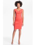 Nicole Miller Ruched Surplice Sheath Dress - Lyst