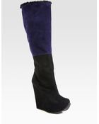 Saint Laurent Colorblock Suede Kneehigh Wedge Boots - Lyst