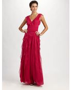 Tadashi Shoji Doube Vneck Ruffle Gown - Lyst