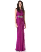 Notte By Marchesa Ruched Silk Gown with Applique - Lyst