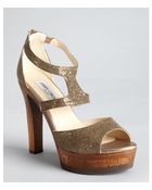 Jimmy Choo Gold Glitter Leather Curve Platform Sandals - Lyst