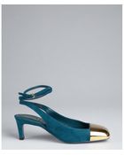 Saint Laurent Teal Suede And Gold Cap Toe Ankle Strapped Pumps - Lyst