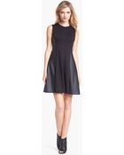 Vince Camuto Leather Panel Fit Flare Dress - Lyst