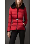 Burberry Fur Trim Technical Satin Puffer Jacket - Lyst