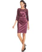 Eliza J Three Quarter Sleeve Illusion Lace Ruched Dress - Lyst