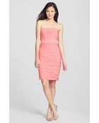 Ml Monique Lhuillier Bridesmaids Ruched Strapless Cationic Chiffon Dress - Lyst