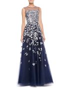 Oscar de la Renta Petalembroidered Tulle Gown Navy - Lyst