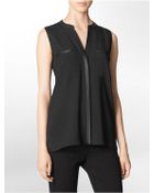 Calvin Klein Faux Leather Trim Button Front Sleeveless Top - Lyst