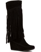 Akira Knee High Fringe Wedge Boots In Black Suede - Lyst