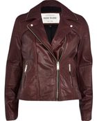 River Island Dark Red Zip Trim Leather Biker Jacket - Lyst