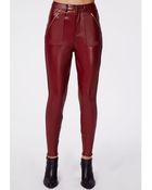 Missguided Agnes Faux Leather Zip Detail Skinny Trousers Oxblood - Lyst