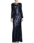 Badgley Mischka Long-Sleeve Sequined Paisley Gown - Lyst
