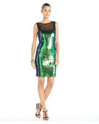 Nicole Miller Blue And Green Stretch Scale Sequined Illusion Neckline Dress - Lyst