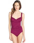Badgley Mischka Wine Stretch Adjustable Draped Tank Strap One Piece - Lyst