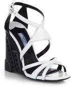 Prada Leather Perforated Wedge Sandals - Lyst