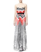 Alexander McQueen Feather-Print Strapless Chiffon Gown - Lyst