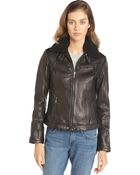 DKNY Black Leather 'Constance' Zip Front Berber Jacket - Lyst
