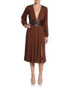 Michael Kors Leather-Trimmed Pleated Georgette Dress - Lyst