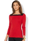Lauren by Ralph Lauren Square-Neck Velveteen-Trim Blouse - Lyst