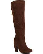 Akira Heeled Knee High Boots In Brown Suede - Lyst