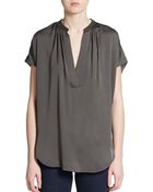 Vince Leather-Trim Silk Top - Lyst