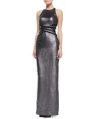 Pamella Roland Liquid Lame Halter Gown With Studded Waist - Lyst