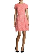 Monique Lhuillier Short-Sleeve Embroidered Dress - Lyst