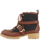 Tory Burch Samson Mixed-Media Lace-Up Bootie - Lyst