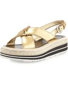 Prada Metallic Crisscross Platform Sandal - Lyst